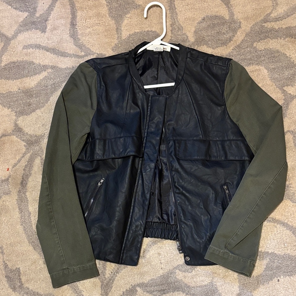 Woman’s Black Faux Leather Jacket with Olive Green Sleeves
